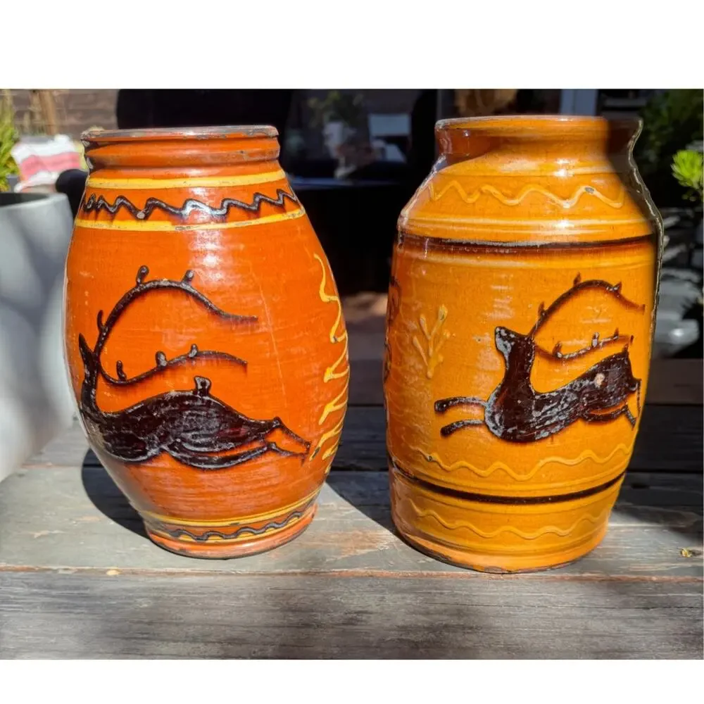 Rare Matching Pair Greg Shooner Redware Stag Vases Slip Trailed Folk Art Pottery